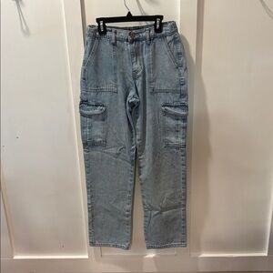 Fashion Nova Sz 0 Wide Leg Cargo Pants Light Wash Blue Jean Pants Bottoms Casual